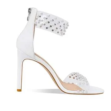 yowmns Summer Clear Pearl Decoration Women's strappy Stiletto Sandals Ankle Strap Back Zipper Open Toe Fashion Fine Wedding Bridesmaid Dress Party Cupid High Heel Pumps (White, 6.5)