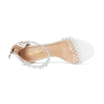 yowmns Summer Clear Pearl Decoration Women's strappy Stiletto Sandals Ankle Strap Back Zipper Open Toe Fashion Fine Wedding Bridesmaid Dress Party Cupid High Heel Pumps (White, 6.5)
