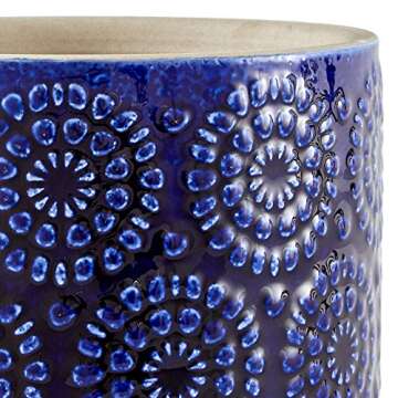 Amazon Brand - Stone & Beam Cylindrical Modern Ceramic Floral Embossed Decorative Planter Flower Pot, 6" x 6.25", Blue