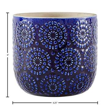 Amazon Brand - Stone & Beam Cylindrical Modern Ceramic Floral Embossed Decorative Planter Flower Pot, 6" x 6.25", Blue