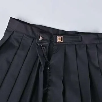 Elibelle Women's Adjustable Waist Tartan Pleated School Skirt with 2 Pairs Socks(Asia 3XL)(16BK) Black