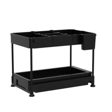 SPACEKEEPER Under Sink Organizer, Sliding Cabinet Basket Organizer 2 Tier Under Bathroom Storage Rack with Hooks, Hanging Cup, Dividers, Multi-purpose Storage Shelf for Bathroom Kitchen, Black