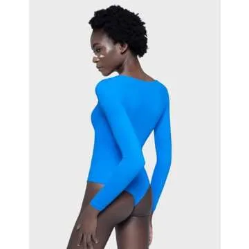 PUMIEY Body Suit for Women Sexy Long Sleeve Bodysuit Shirts Square Neck Going Out Tops, Pool Medium