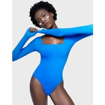 PUMIEY Body Suit for Women Sexy Long Sleeve Bodysuit Shirts Square Neck Going Out Tops, Pool Medium