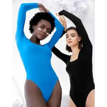 PUMIEY Body Suit for Women Sexy Long Sleeve Bodysuit Shirts Square Neck Going Out Tops, Pool Medium