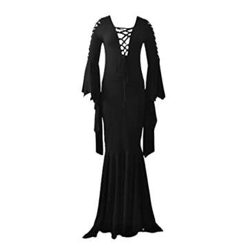 Women's Morticia Addams Floor Dress Costume Witch Sexy Gothic Vintage Dress for Halloween Carnival Party Black
