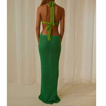 Women Sexy Knitted Cutout Maxi Dress Bodycon Halter Neck Backless Long Dress Y2k Club Party Dress Streetwear(Green,M)