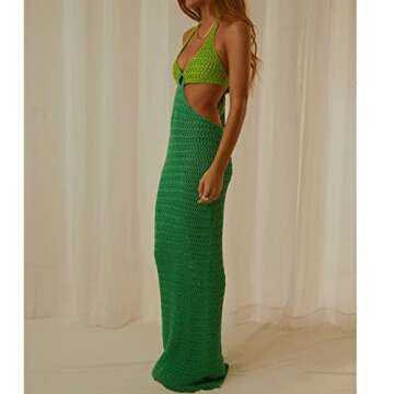 Women Sexy Knitted Cutout Maxi Dress Bodycon Halter Neck Backless Long Dress Y2k Club Party Dress Streetwear(Green,M)
