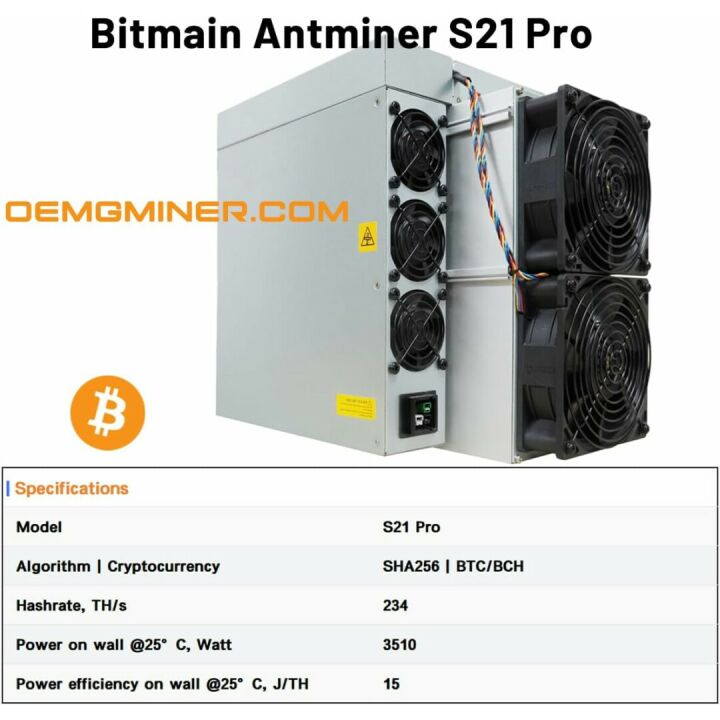Bitmain Antminer S21 Pro 234T 3510W Bitcoin Miner