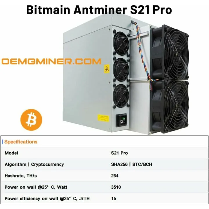 Bitmain Antminer S21 Pro 234T 3510W Bitcoin Miner
