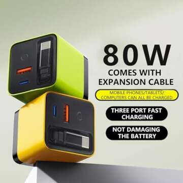 3 in 1 GaN Charger - 80W Fast Charging Wall Plug with Retractable Type C Cable