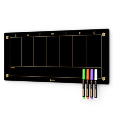 Black Glass Golden Weekly Dry Erase Calendar Whiteboard for Wall, to Do List & 7 Days Planner White ...