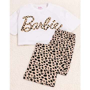Barbie Pajamas Womens Animal Print Logo Cropped T-Shirt Bottoms Pjs White