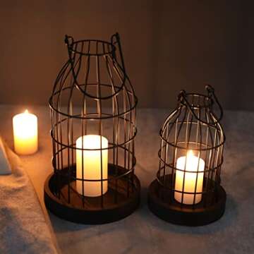 Wire Metal Cloche Set of 2, Decorative Candle Holder Cage Lanterns for Table and Farmhouse Decor
