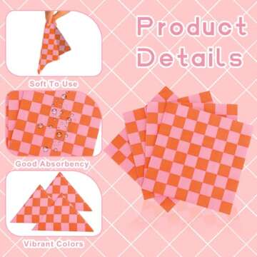 100 Pcs Gingham Napkins - Pink & Orange Party Decor