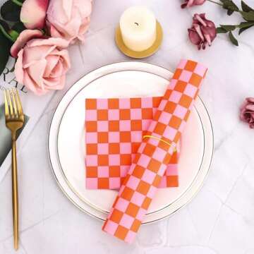 100 Pcs Gingham Napkins - Pink & Orange Party Decor