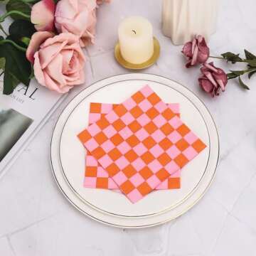 100 Pcs Gingham Napkins - Pink & Orange Party Decor