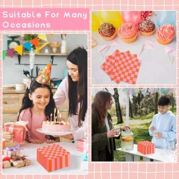 100 Pcs Gingham Napkins - Pink & Orange Party Decor