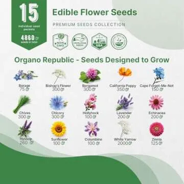Organo Republic 15 Edible Flower Seeds Variety Pack- Indoor/Outdoor. 4800+ Non-GMO Heirloom Flower: Borage, Bishop's Flower, Chicory, Chives, Hyssop, Echinacea, Lavender Seeds & More