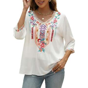 Women's Summer Boho Embroidery Mexican Bohemian Tops V Neck 3/4 Sleeve Causal Loose Shirt Blouse Tun...