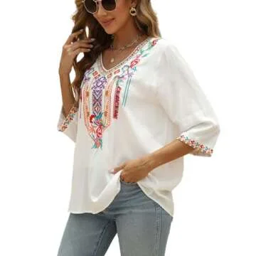 Women's Summer Boho Embroidery Mexican Bohemian Tops V Neck 3/4 Sleeve Causal Loose Shirt Blouse Tunic (White-L)