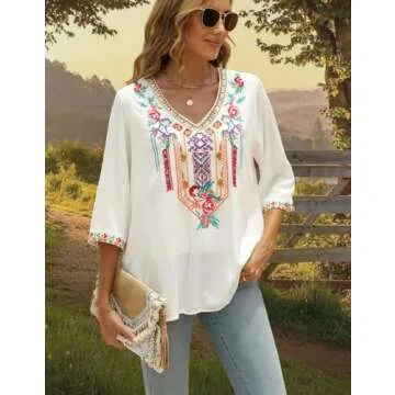Women's Summer Boho Embroidery Mexican Bohemian Tops V Neck 3/4 Sleeve Causal Loose Shirt Blouse Tunic (White-L)
