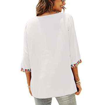 Women's Summer Boho Embroidery Mexican Bohemian Tops V Neck 3/4 Sleeve Causal Loose Shirt Blouse Tunic (White-L)