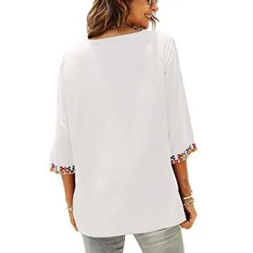Women's Summer Boho Embroidery Mexican Bohemian Tops V Neck 3/4 Sleeve Causal Loose Shirt Blouse Tunic (White-L)