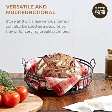 REGAL TRUNK & CO. 1 Tier Fruit Bowl Farmhouse Decor Wire Basket, Decorative Round Wire Basket with R...