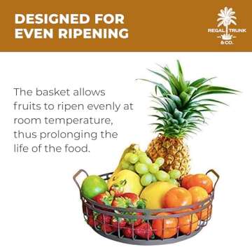 REGAL TRUNK & CO. 1 Tier Fruit Bowl Farmhouse Decor Wire Basket, Decorative Round Wire Basket with Rustic French Country Style, Fruit Bowl with Handles, Ideal for Kitchen Decor, Organisation or Fruit