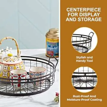 REGAL TRUNK & CO. 1 Tier Fruit Bowl Farmhouse Decor Wire Basket, Decorative Round Wire Basket with Rustic French Country Style, Fruit Bowl with Handles, Ideal for Kitchen Decor, Organisation or Fruit