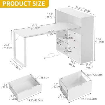 DWVO L Shaped Desk with Drawers, 55" Corner Computer Desk with Bookshelf & Power Outlets & LED Light...