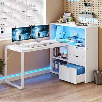 DWVO L Shaped Desk with Drawers, 55" Corner Computer Desk with Bookshelf & Power Outlets & LED Lights, Home Office Desk with Storage Shelves, White