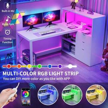 DWVO L Shaped Desk with Drawers, 55" Corner Computer Desk with Bookshelf & Power Outlets & LED Lights, Home Office Desk with Storage Shelves, White