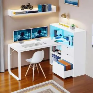 DWVO L Shaped Desk with Drawers, 55" Corner Computer Desk with Bookshelf & Power Outlets & LED Lights, Home Office Desk with Storage Shelves, White