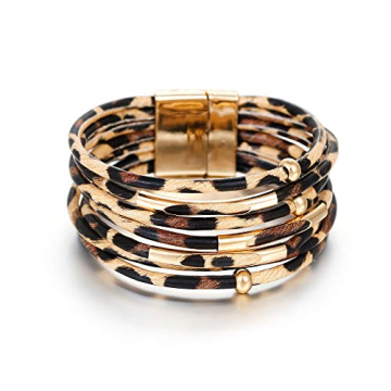 Fesciory Leather Wrap Bracelets for Women, Boho Leopard Multi-Layer Crystal Beads Cuff Bracelet Jewe...