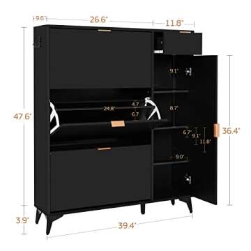 ARTETHYS Slim Shoe Storage Cabinet with Door Black Narrow Shoes Organizer with 3 Flip Drawers Boot R...
