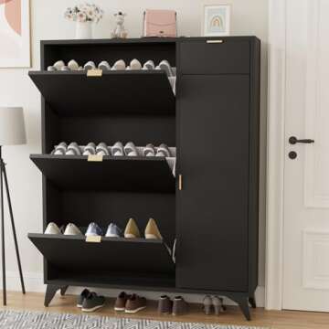 ARTETHYS Slim Shoe Storage Cabinet with Door Black Narrow Shoes Organizer with 3 Flip Drawers Boot Rack for Entryway 22 Pairs