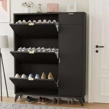 ARTETHYS Slim Shoe Storage Cabinet with Door Black Narrow Shoes Organizer with 3 Flip Drawers Boot Rack for Entryway 22 Pairs