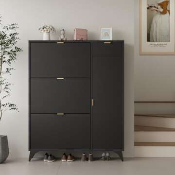 ARTETHYS Slim Shoe Storage Cabinet with Door Black Narrow Shoes Organizer with 3 Flip Drawers Boot Rack for Entryway 22 Pairs