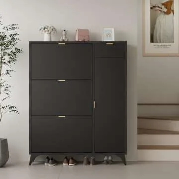 ARTETHYS Slim Shoe Storage Cabinet with Door Black Narrow Shoes Organizer with 3 Flip Drawers Boot Rack for Entryway 22 Pairs