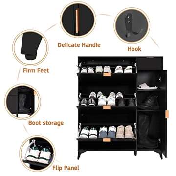 ARTETHYS Slim Shoe Storage Cabinet with Door Black Narrow Shoes Organizer with 3 Flip Drawers Boot Rack for Entryway 22 Pairs
