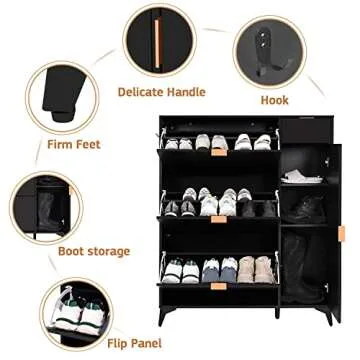 ARTETHYS Slim Shoe Storage Cabinet with Door Black Narrow Shoes Organizer with 3 Flip Drawers Boot Rack for Entryway 22 Pairs