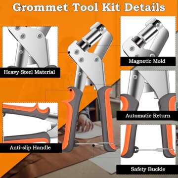 COITEK Grommet Tool Kit with Bag, Handheld Hole Punch Pliers, Hammer, Hole Punch, 200PCS 3/8 inch Gold and Silver Metal Eyelets Grommets for DIY Tarp Ring Repair and Installation (10mm)
