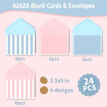 AZAZA Blank Cards and Envelopes 24 Pack,3.5x5 Mini Striped Greeting Cards,Blank Note Cards for Baby Shower,Wedding Thank You Cards,Bridal Shower,Small Quick Notes (Pink and Blue)