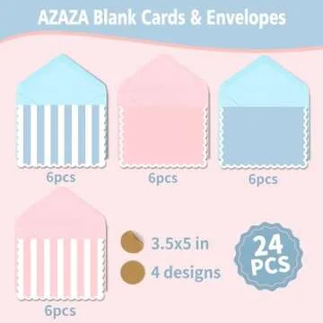 AZAZA Blank Cards and Envelopes 24 Pack,3.5x5 Mini Striped Greeting Cards,Blank Note Cards for Baby Shower,Wedding Thank You Cards,Bridal Shower,Small Quick Notes (Pink and Blue)
