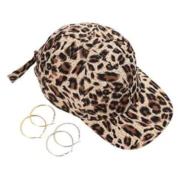 boderier Leopard Print Baseball Cap Adjustable Back Women Girls Cotton Hat with Matching Hoop Earrings (Leopard)