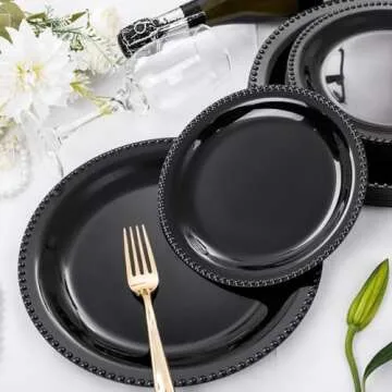 WELLIFE 60 PCS New Year Black Plastic Plates, Heavy Duty Black Disposable Plates Including 30PCS 10.25'' Black Dinner Plates & 30PCS 7.5'' Black Dessert Plates -Black Disposable Plates for Party