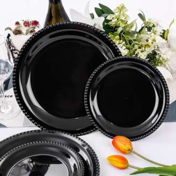 WELLIFE 60 PCS New Year Black Plastic Plates, Heavy Duty Black Disposable Plates Including 30PCS 10.25'' Black Dinner Plates & 30PCS 7.5'' Black Dessert Plates -Black Disposable Plates for Party