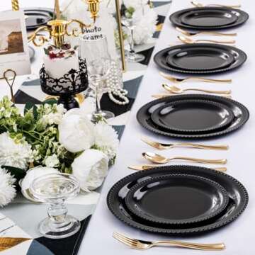 WELLIFE 60 PCS New Year Black Plastic Plates, Heavy Duty Black Disposable Plates Including 30PCS 10.25'' Black Dinner Plates & 30PCS 7.5'' Black Dessert Plates -Black Disposable Plates for Party